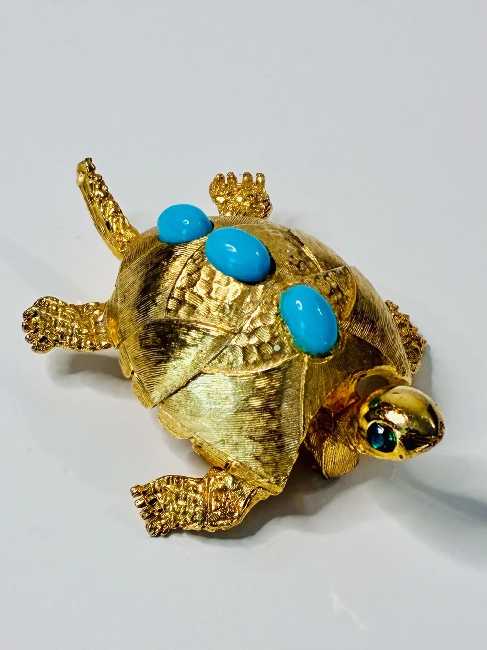 VTG PELL Gold-Tone Turtle Brooch with Turquoise Cabochons and Emerald Eyes EUC